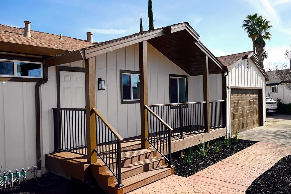 Finished detached ADU with a front porch and stairs