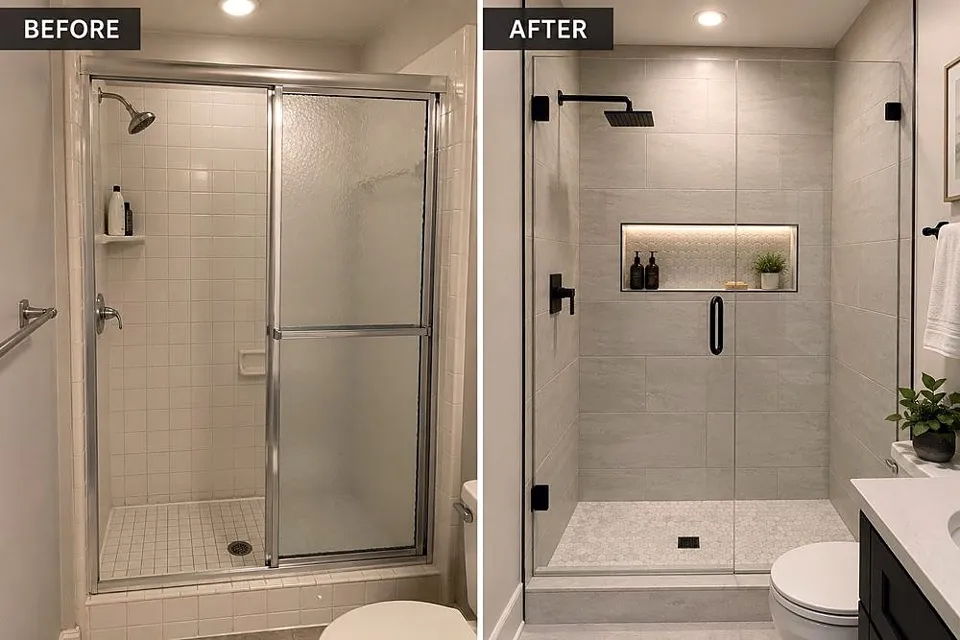 Bathroom shower before and after a remodel
